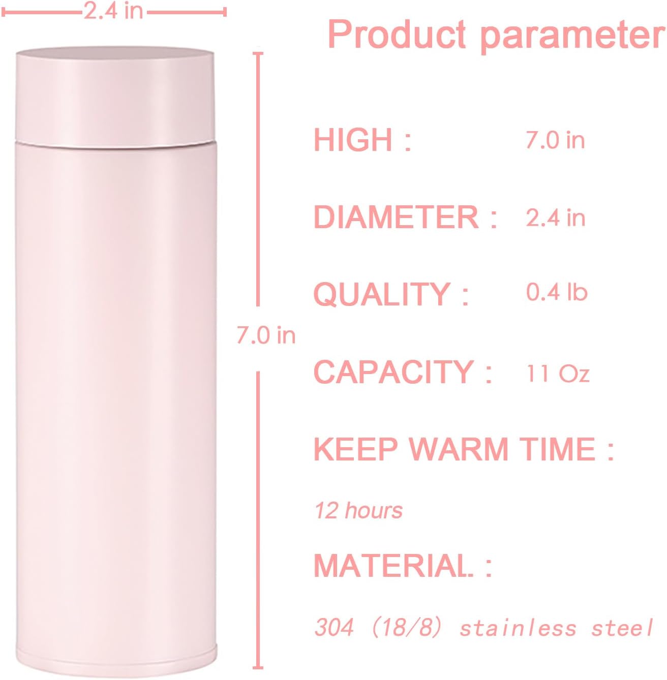 11 oz Mini Water Bottle Stainl Thermoses Small - Insulated Vacuum, Leak Proof, Keeps Drinks Hot/Cold - Ideal for Coffee, Tea, Water - Pink - Image 2