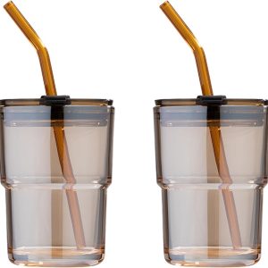 13 oz Tumbler Water Glass, Water Bottle with Straw and Dustproof Lid, Coffee Ice Cup Double Wall Insulated Glass Cup (Amber-2Pack)