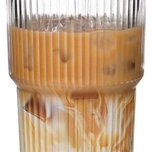 20oz Ribbed Glass Cups with Lids and Straws,1PCS Glass Tumbler with Straw and Lid,Iced Coffee Cups Drinking Glasses for Juice Whiskey Cocktail Beer