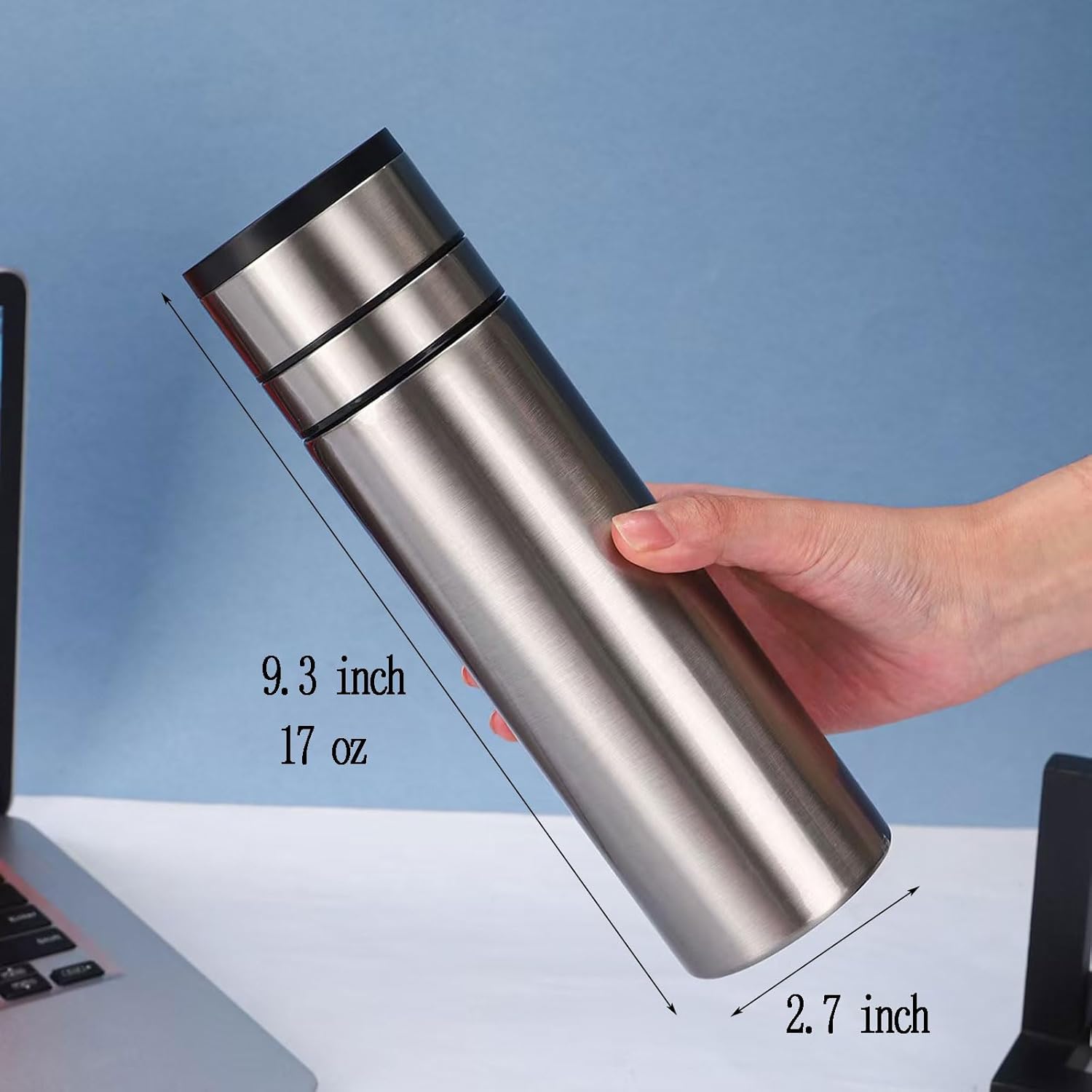 Stainl Insulated Water Bottle Coffee Cup Travel Mug Vacuum Thermal Bottle for Hot Drinks Tea Flask Travel Tumbler 17Oz/500Ml (Silver) - Image 2