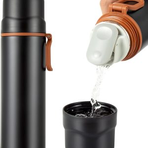 Insulated Water Bottle-Stainl Vacuum Coffee Cup with Handle,Flask Double Walled Sport Travel Mug with Leakproof Lid,Keep Hot & Cold 12 Hours  Free 15oz(Black)