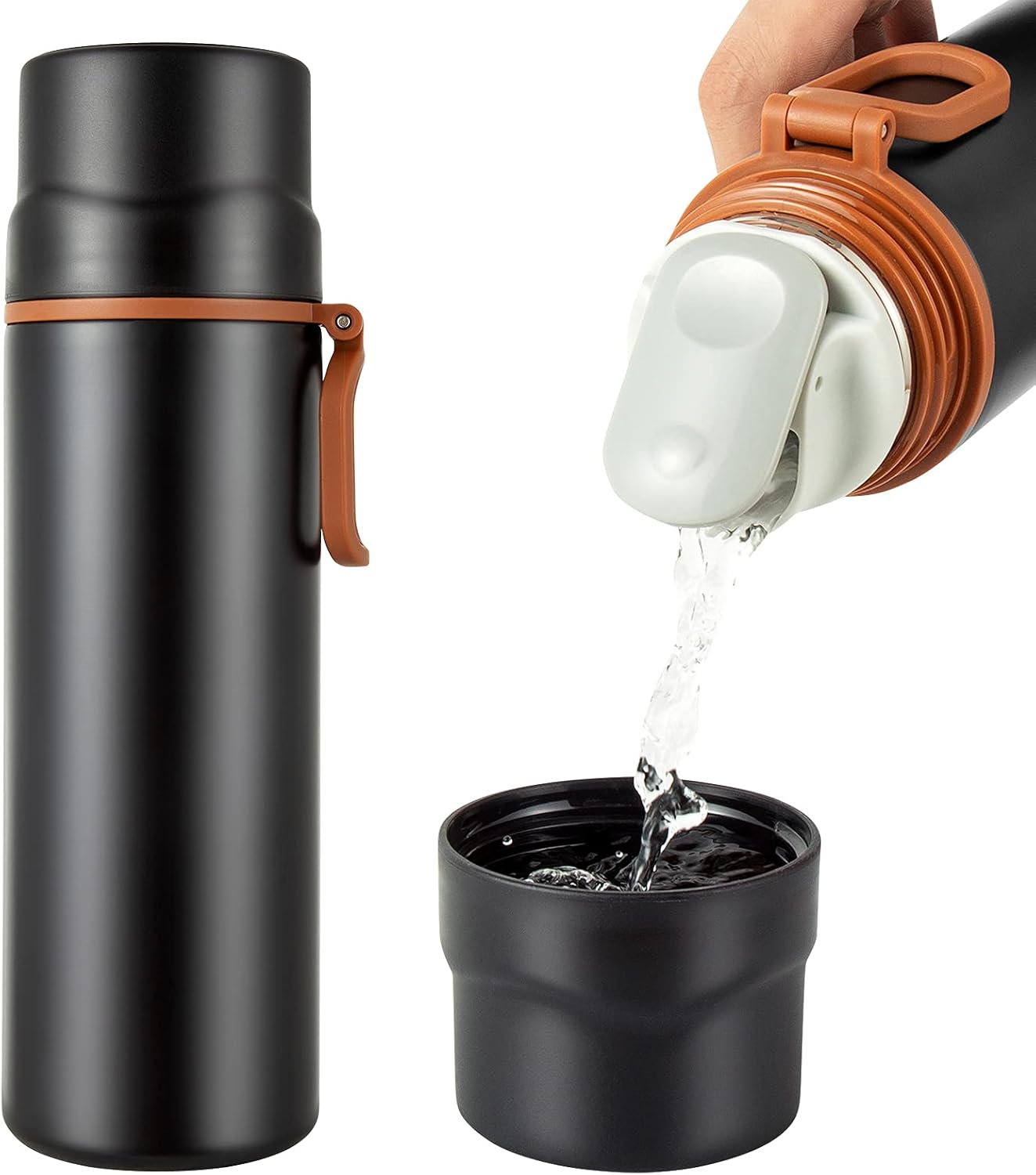 Insulated Water Bottle-Stainl Vacuum Coffee Cup with Handle,Flask Double Walled Sport Travel Mug with Leakproof Lid,Keep Hot & Cold 12 Hours Free 15oz(Black)