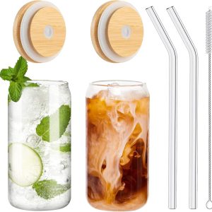Drinking Glasses with boo Lids and Glass Straw 2PCS Set, 16oz Glass Cups with Lids and Straws, Beer, Iced Coffee Glasses, Soda, Gift 1 Cleaning Brushes