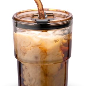 13oz/400ml Tumbler Water Glass, Cups with Straw and Lid Sealed Carry on for Coffee, Iced Tea, Thick Wall Insulated Glass Cup (Amber)…