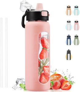 Water Bottle With Straw and Carry Handle, Glass Water Bottle 24 oz Leak Proof Locking Lid with Soft Silicone Spout, Reusable Drinking Cups for Travel Sports with Time Marker,Pink