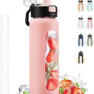 Water Bottle With Straw and Carry Handle, Glass Water Bottle 24 oz Leak Proof Locking Lid with Soft Silicone Spout, Reusable Drinking Cups for Travel Sports with Time Marker,Pink