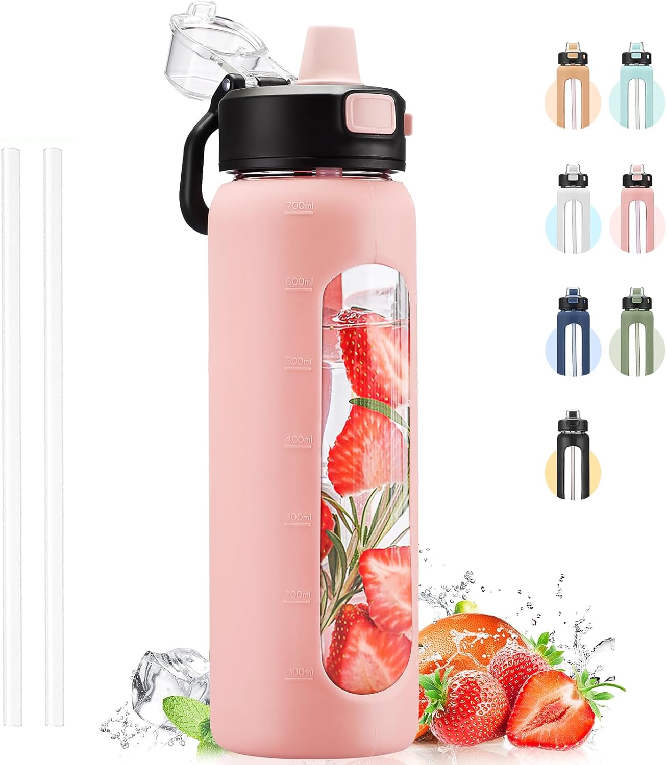 Water Bottle With Straw and Carry Handle, Glass Water Bottle 24 oz Leak Proof Locking Lid with Soft Silicone Spout, Reusable Drinking Cups for Travel Sports with Time Marker,Pink