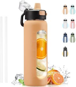 Water Bottle With Straw and Carry Handle, Glass Water Bottle 24 oz Leak Proof Locking Lid with Soft Silicone Spout, Reusable Drinking Cups for Travel Sports with Time Marker,Amber