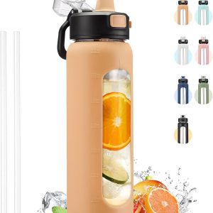 Water Bottle With Straw and Carry Handle, Glass Water Bottle 24 oz Leak Proof Locking Lid with Soft Silicone Spout, Reusable Drinking Cups for Travel Sports with Time Marker,Amber