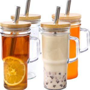 24oz Glass Cups with Lids and Straws - Glass Tumbler cup with boo lids and straw iced coffee cup