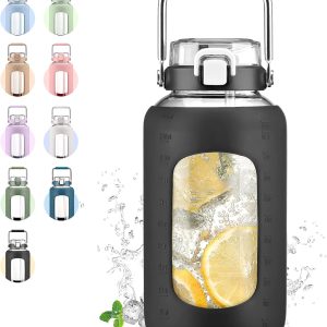 84oz Glass Water Bottle with Stainl Handle,2.5L Gallon Water Bottle with 2-IN-1 Straw Lid, Silicone Sleeve and Motivational Capacity Marker, Wide Mouth Water Jug For Gym, Workout, Black